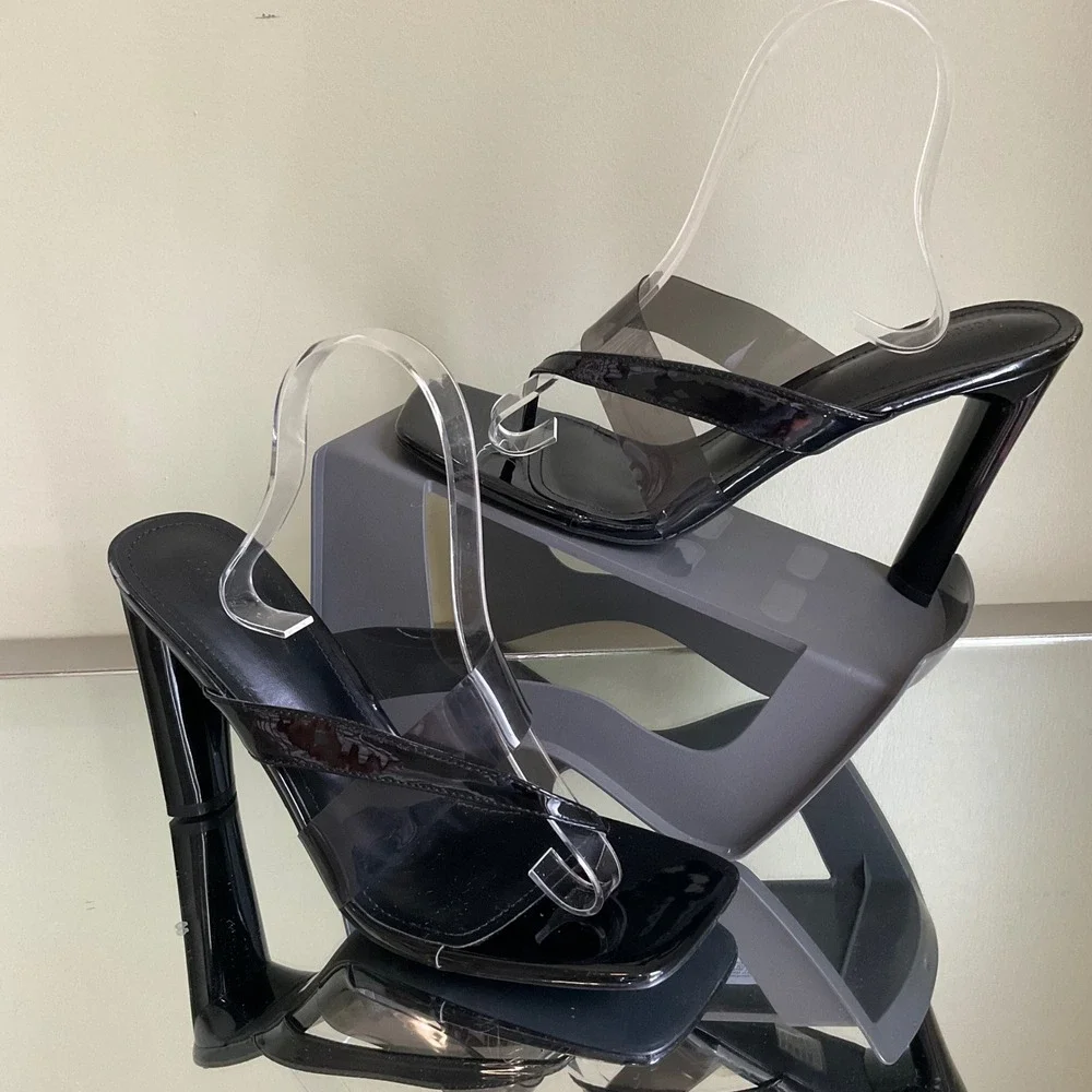 Forever 21 Black Patent Clear Strap Square Toe Thong Heel Mule Sandals Sz 10 Y2K